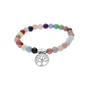 BRACELET ARGENT RHODIÉ EXTENSIBLE PIERRES NATURELLES AGATE MULTICOLORE  ARBRE DE VIE