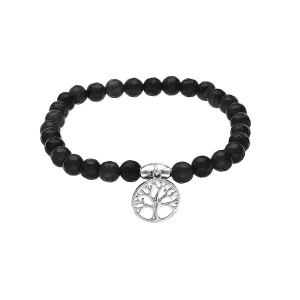 BRACELET ARGENT RHODIÉ EXTENSIBLE PIERRES NATURELLES AGATE NOIRE ARBRE DE VIE