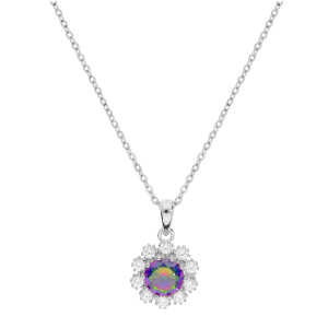COLLIER ARGENT RHODIÉ PENDENTIF OXYDE ARC EN CIEL MYSTIQUE CONTOUR OXYDES BLANCS SERTIS 42+3CM