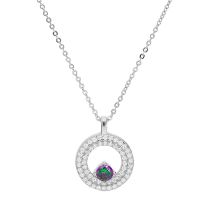 COLLIER ARGENT RHODIÉ PENDENTIF ROND OXYDE ARC EN CIEL MYSTIQUE CONTOUR OXYDES BLANCS SERTIS 42+3CM