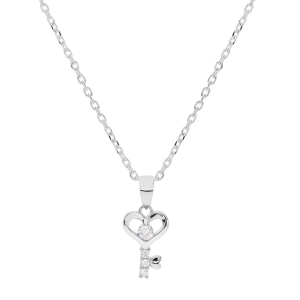 COLLIER ARGENT RHODIÉ PENDENTIF COEUR AVEC CLEFS OXYDES BLANCS SERTIS 42+3CM