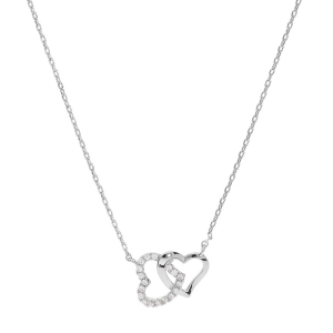 COLLIER ARGENT RHODIÉ DOUBLE COEUR ENTRELACÉ  OXYDES BLANCS SERTIS 42+3CM