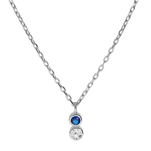 COLLIER ARGENT RHODIÉ 2 OXYDES BLANC ET BLEU FONCÉ SERTIS CLOS  40+2+2CM