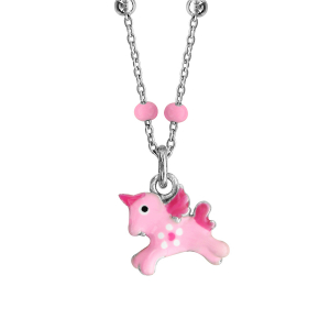 COLLIER ARGENT RHODIÉ PENDENTIF LICORNE ROSE 36+3CM