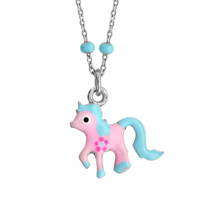 COLLIER ARGENT RHODIÉ PENDENTIF PONEY ROSE ET BLEU 36+3CM
