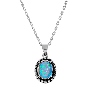 COLLIER ARGENT RHODIÉ PENDENTIF OPALE BLEUE IMITATION ENTOURAGE PICOT PATINÉ  44,5CM