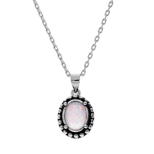 COLLIER ARGENT RHODIÉ PENDENTIF OPALE BLANCHE IMITATION ENTOURAGE PICOT PATINÉ  44,5CM