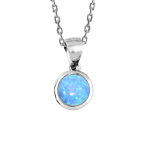 COLLIER ARGENT RHODIÉ PENDENTIF ROND OPALE IMITATION BLEUE  44,5CM
