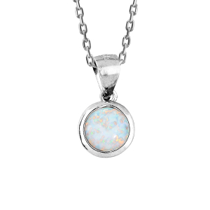 COLLIER ARGENT RHODIÉ PENDENTIF ROND OPALE IMITATION BLANCHE 44,5CM
