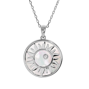 COLLIER EN ARGENT RHODIÉ MASSIF PENDENTIF ROND MOTIF SOLEIL AVEC NACRE VÉRITABLE 1 OXYDE BLANC 39,5+4,5CM