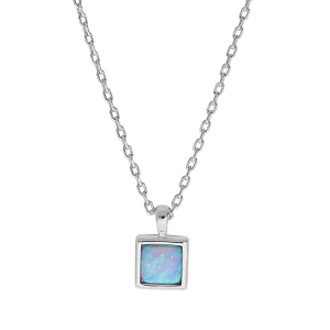 COLLIER ARGENT RHODIÉ OPALE BLEUE IMITATION PENDENTIF FORME CARRÉ 44,5CM