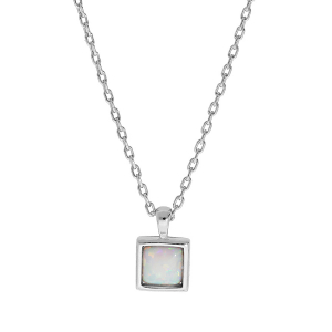 COLLIER ARGENT RHODIÉ OPALE BLANCHE IMITATION PENDENTIF FORME CARRÉ 44,5CM