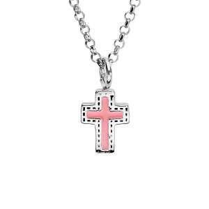 COLLIER ARGENT RHODIÉ PENDENTIF PETITE CROIX RÉSINE ROSE 38+4CM