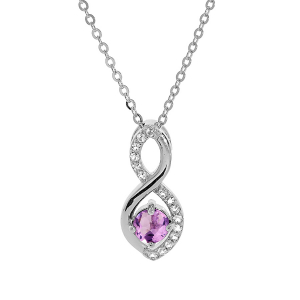 COLLIER ARGENT RHODIÉ PENDENTIF INFINI AMETHYSTE VERITABLE ET OXYDES BLANCS SERTIS 40+5CM