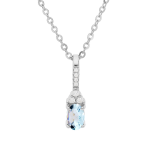 COLLIER ARGENT RHODIÉ PENDENTIF TOPAZE BLEU VERITABLE ET OXYDES BLANCS SERTIS 40+5CM