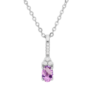 COLLIER ARGENT RHODIÉ PENDENTIF AMETHYSTE VERITABLE ET OXYDES BLANCS SERTIS 40+5CM