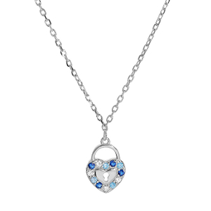 COLLIER ARGENT RHODIÉ PENDENTIF COEUR CADENAS OXYDES BLEUS 40+2+2CM