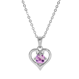 COLLIER ARGENT RHODIÉ PENDENTIF COEUR AMETHYSTE VÉRITABLE 40+5CM