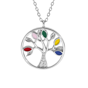COLLIER ARGENT RHODIÉ ARBRE DE VIE RÉSINE MULTI COULEURS ET OXYDES BLANCS 40+5CM
