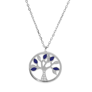 COLLIER ARGENT RHODIÉ ARBRE DE VIE RÉSINE BLEUE ET OXYDES BLANCS 40+5CM