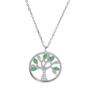 COLLIER ARGENT RHODIÉ ARBRE DE VIE RÉSINE VERT ET OXYDES BLANCS 40+5CM
