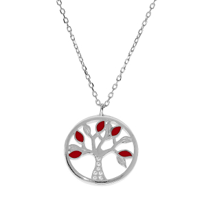 COLLIER ARGENT RHODIÉ ARBRE DE VIE RÉSINE ROUGE ET OXYDES BLANCS 40+5CM