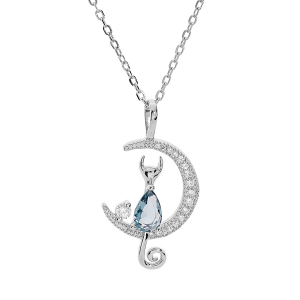 COLLIER ARGENT RHODIÉ DEMI LUNE ET CHAT OXYDE BLEU 40+5CM