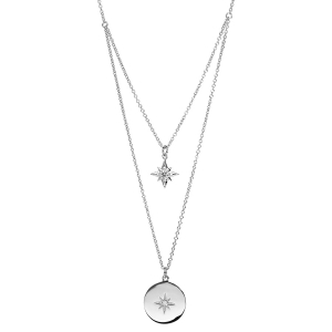 COLLIER ARGENT RHODIÉ DOUBLE RANG ETOILE ET PASTILLE OXYDE BLANC 40+4CM