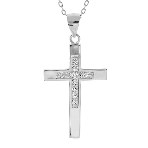 COLLIER ARGENT RHODIÉ PENDENTIF CROIX OXYDES BLANCS 40+2+2CM