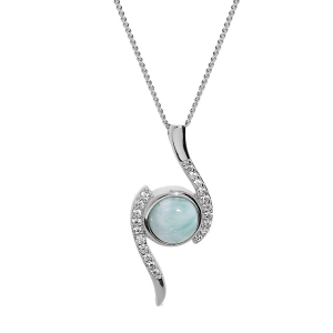 COLLIER ARGENT RHODIÉ PENDENTIF LARIMAR BLEU VÉRITABLE ET OXYDES BLANCS SERTIS 42+3CM