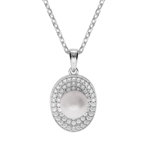 COLLIER ARGENT RHODIÉ PENDENTIF PERLE DE CULTURE D'EAU DOUCE BLANCHE 8MM  ET CONTOUR OXYDES BLANCS SERTIS  42+3CM