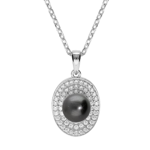 COLLIER ARGENT RHODIÉ PENDENTIF PERLE DE CULTURE DE TAHITI VÉRITABLE 7MM  ET CONTOUR OXYDES BLANCS SERTIS  42+3CM