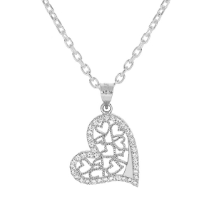 COLLIER ARGENT RHODIÉ PENDENTIF COEUR FILIGRANE CONTOUR OXYDES BLANCS SERTIS 40+5CM