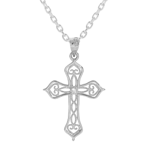 COLLIER ARGENT RHODIÉ PENDENTIF CROIX FILIGRANE OXYDE BLANC 40+5CM