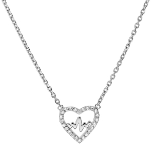 COLLIER ARGENT RHODIÉ COEUR AVEC COURBE OXYDES BLANCS SERTIS 38+4CM