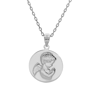 COLLIER ARGENT RHODIÉ PENDENTIF MEDAILLE ANGELOT EN RELIEF 40+5CM