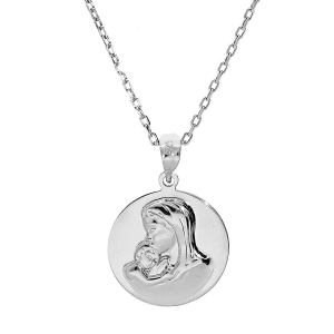 COLLIER ARGENT RHODIÉ PENDENTIF MEDAILLE VIERGE ET L'ENFANT EN RELIEF 40+5CM
