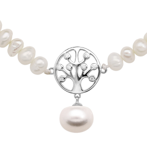 COLLIER ARGENT RHODIÉ PERLES DE CULTURE D'EAU DOUCE AVEC ARBRE DE VIE OXYDES BLANCS SERTIS 43+4CM