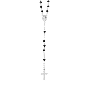 COLLIER ARGENT RHODIÉ CHAPELET AVEC BOULES PIERRES NOIRES FACETEES SYNTHETIQUE 50CM