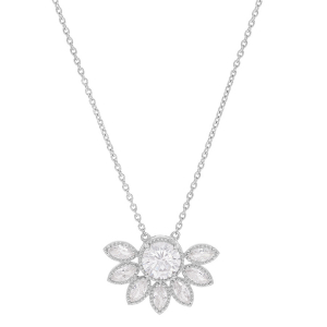 COLLIER ARGENT RHODIÉ DEMI FLEUR OXYDES BLANCS SERTIS 42+3CM