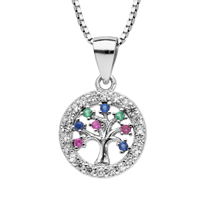 COLLIER ARGENT RHODIÉ PENDENTIF ARBRE DE VIE MULTI COULEURS CONTOURS OXYDES BLANCS SERTIS 42+3CM