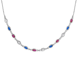 COLLIER ARGENT RHODIÉ OXYDES BLEUS BLANCS ET ROUGES SERTIS 38+7CM
