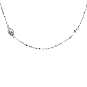 COLLIER ARGENT RHODIÉ BOULES CROIX ET MEDAILLE RELIGIEUSE 43,5CM