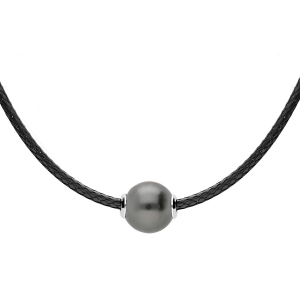 COLLIER ARGENT RHODIÉ CORDON COTON CIRÉ 2MM AVEC PERLE DE CULTURE DE TAHITI 50+5CM