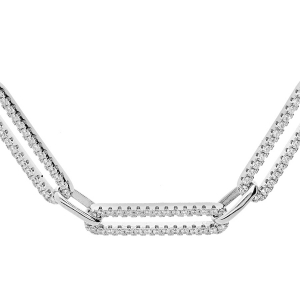 COLLIER ARGENT RHODIÉ 5 ELEMENTS RECTANGULAIRES OXYDES BLANCS SERTIS 47+3CM