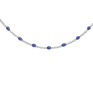 COLLIER ARGENT RHODIÉ OLIVES RÉSINE BLEU FONCÉ 40+5CM