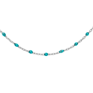 COLLIER ARGENT RHODIÉ OLIVES RÉSINE BLEU TRANSPARENT  40+5CM