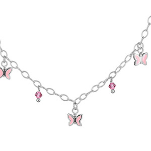 COLLIER CHAINETTE ARGENT RHODIÉ  PAMPILLES PAPILLONS ROSES + PERLES ROSES REGLABLE 32+4CM