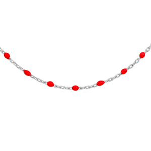 SAUTOIR ARGENT RHODIE OLIVES RESINE ROUGE 60+10CM