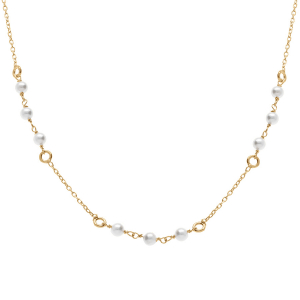 COLLIER ARGENT ET DORURE JAUNE PERLES BLANCHES IMITATION 42+3CM